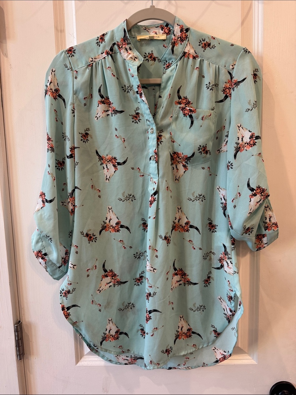 Wishful Park Seafoam Green Western Floral Steer Skull Flowy Semi Sheer Blouse